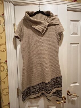 Massini Beige Short-Sleeve Cowl Neck Sweater Dress with Patterned Hem